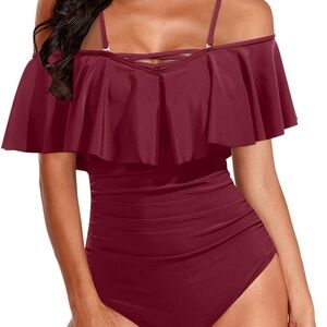 Red Off-Shoulder Ruffle One Piece Swimsuit